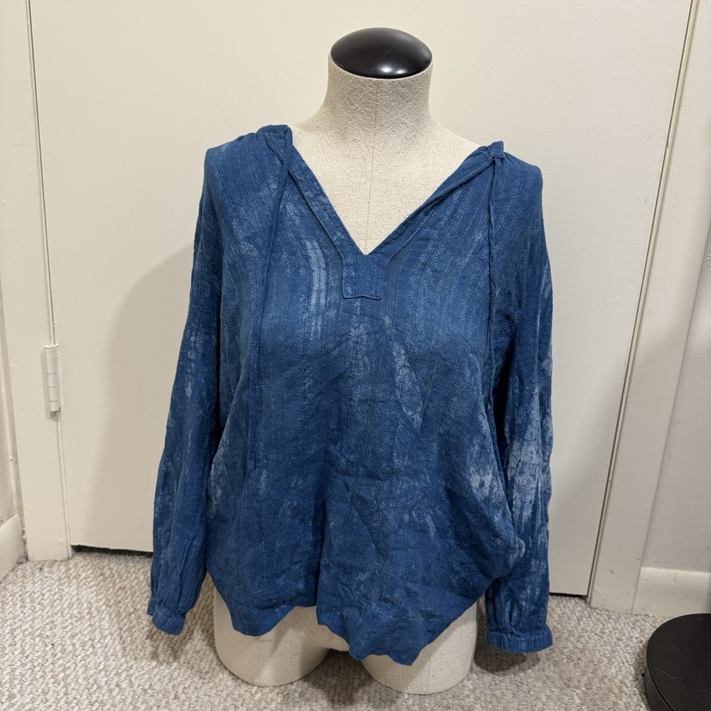 Marine Layer V-Neck Blue Crinkle Cloth Tie Dye Drawstring Top Women's Size Small